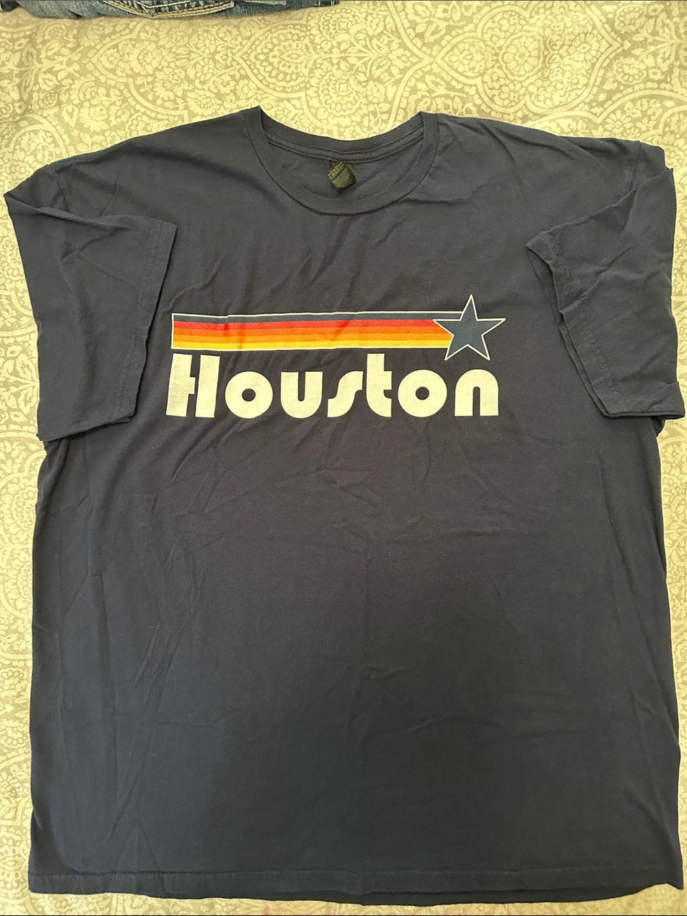 Gildan Navy Houston Retro Stripe Tee with Red-Orange-Yellow Accent